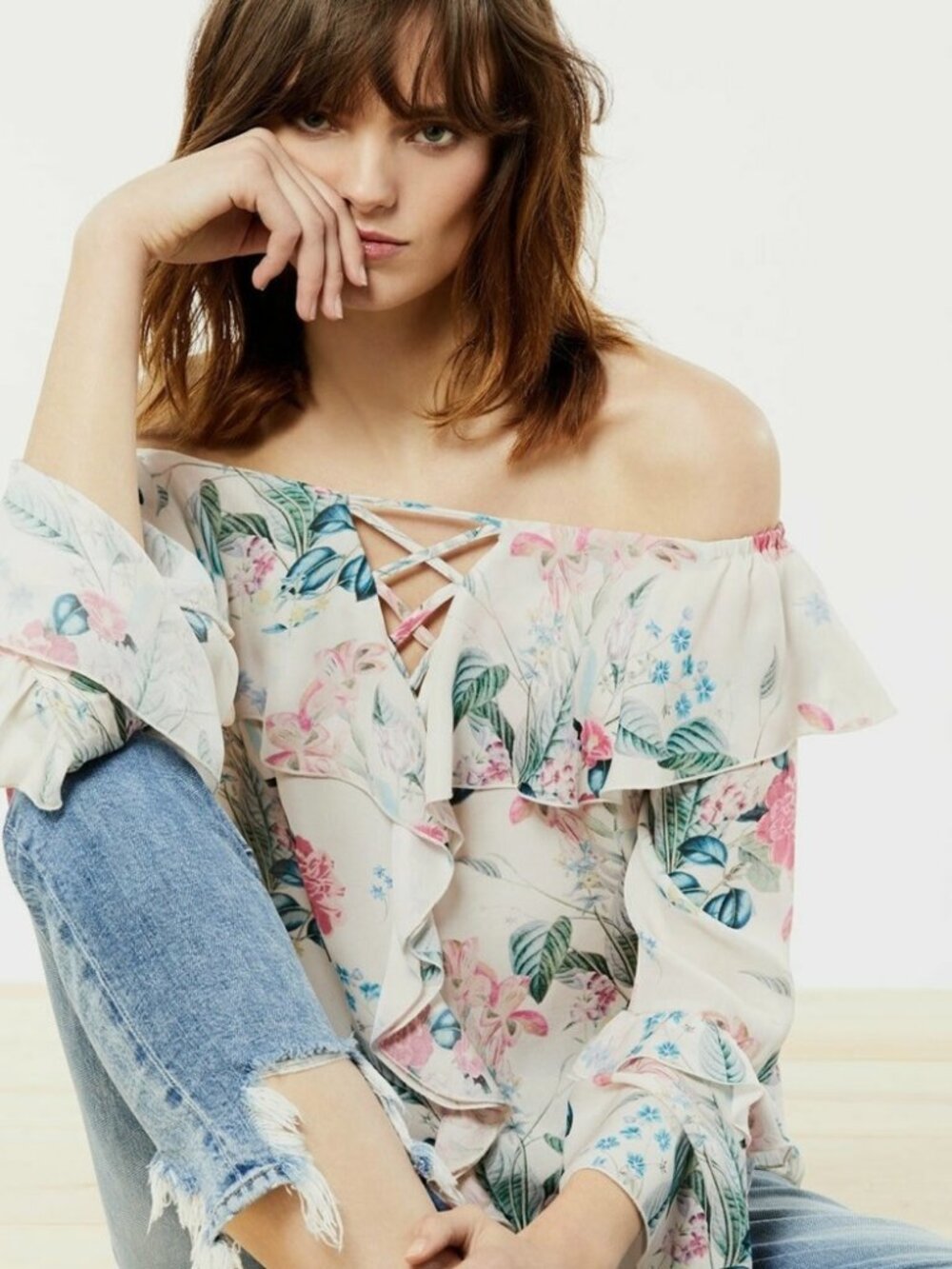 $258 NWOT PARKER ERIN OFF SHOULDER RUFFLED SLEEVE FLORAL BLOUSE MELLOW ME sz S